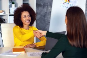 Female Person Having Job Interview Recruiter Recruitment Manager Shaking Hands Hiring For Job New Employee