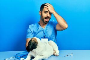 Handsome Hispanic Veterinary Man With Beard Checking Dog Health Surprised With Hand On Head For Mistake, Remember Error. Forgot, Bad Memory Concept.