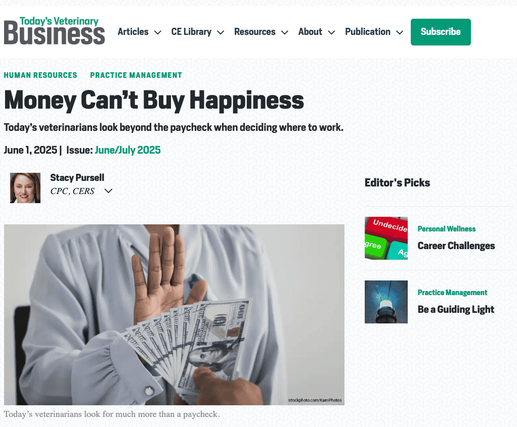 Todays Veterinary Business Money Cant Buy Happiness